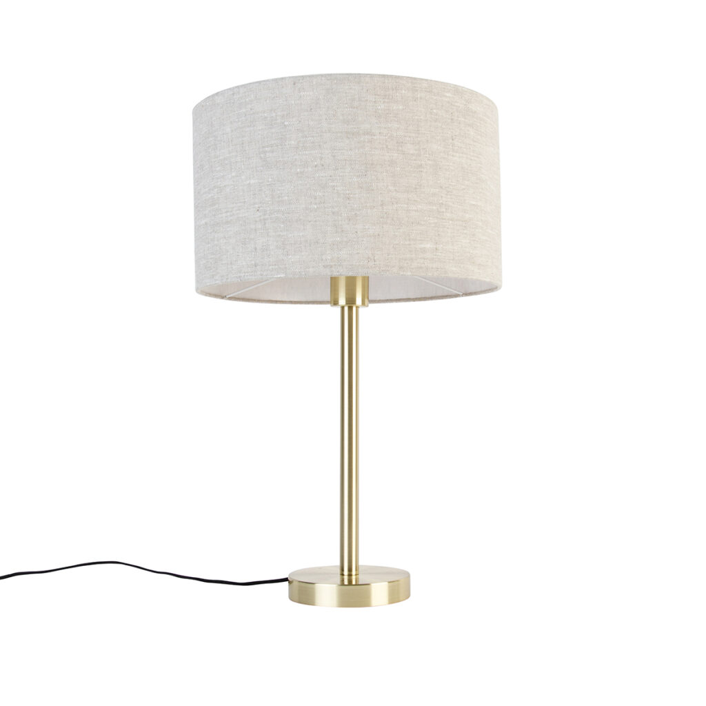 tafellampen Klassieke tafellamp messing met kap lichtgrijs 35 cm Simplo StaalStof Een klassieke van Qazqa een gouden afwerking bloucle taupe kap. De is echte