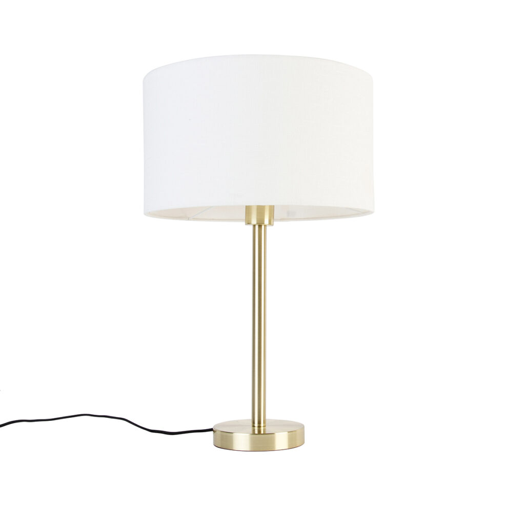 tafellampen Klassieke tafellamp messing met kap wit 35 cm Simplo StaalStof is een tijdloze die zich helemaal thuis voelt in modern interieur. Hij heeft diameter
