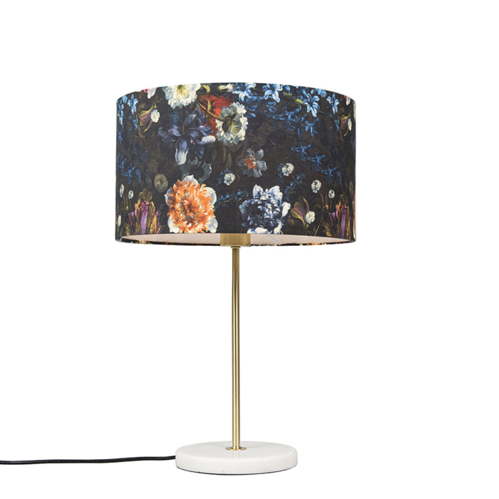 tafellampen Moderne tafellamp messing met flora kap 35 cm Kaso StofStaalMarmer Multicolor Helemaal on trend is deze prachtige frame marmeren voet en kap. Alle