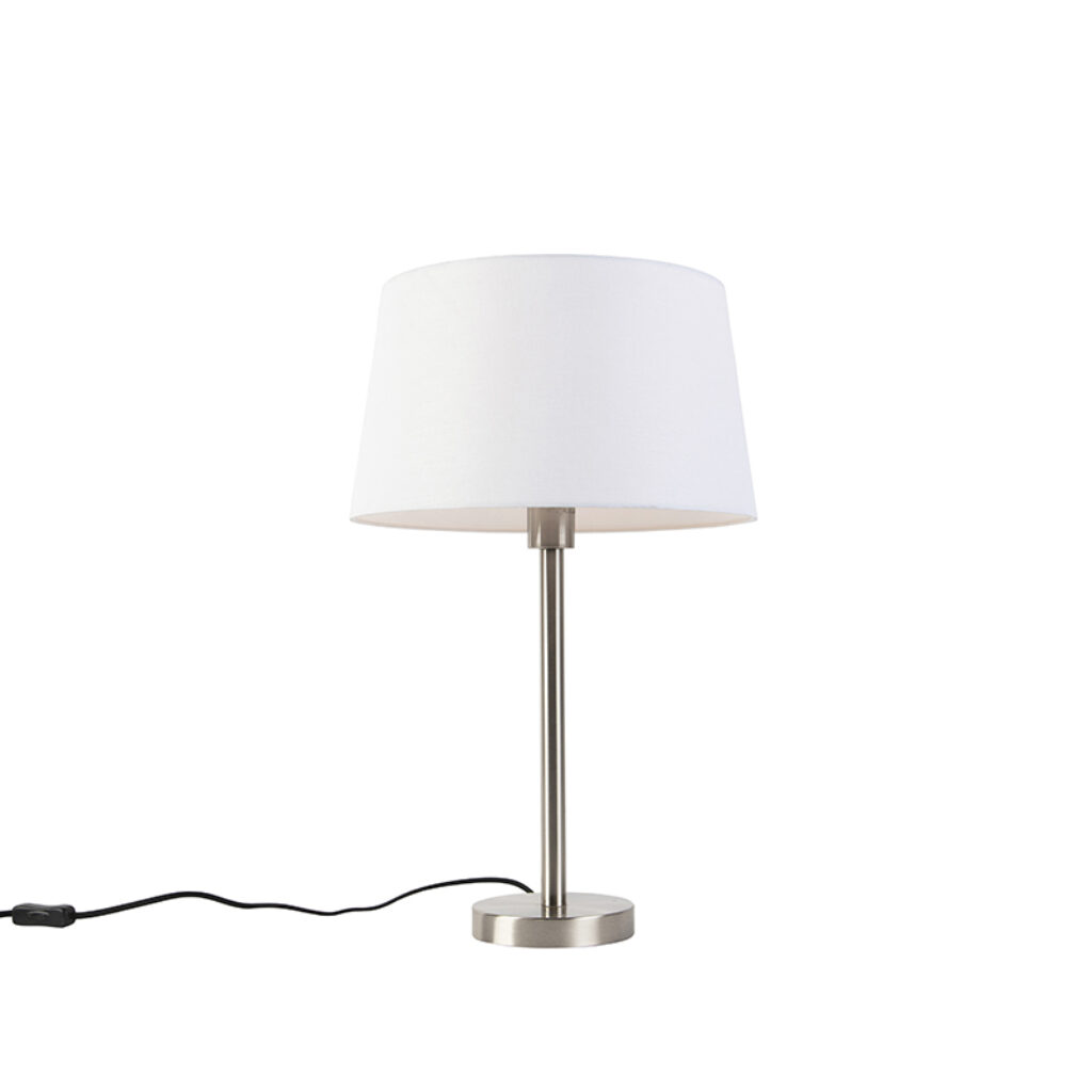 tafellampen Moderne tafellamp staal met witte kap 32 cm Simplo StaalStof Wit Ga voor modern deze tafellamp. Hij wordt geleverd inclusief lampenkap in een