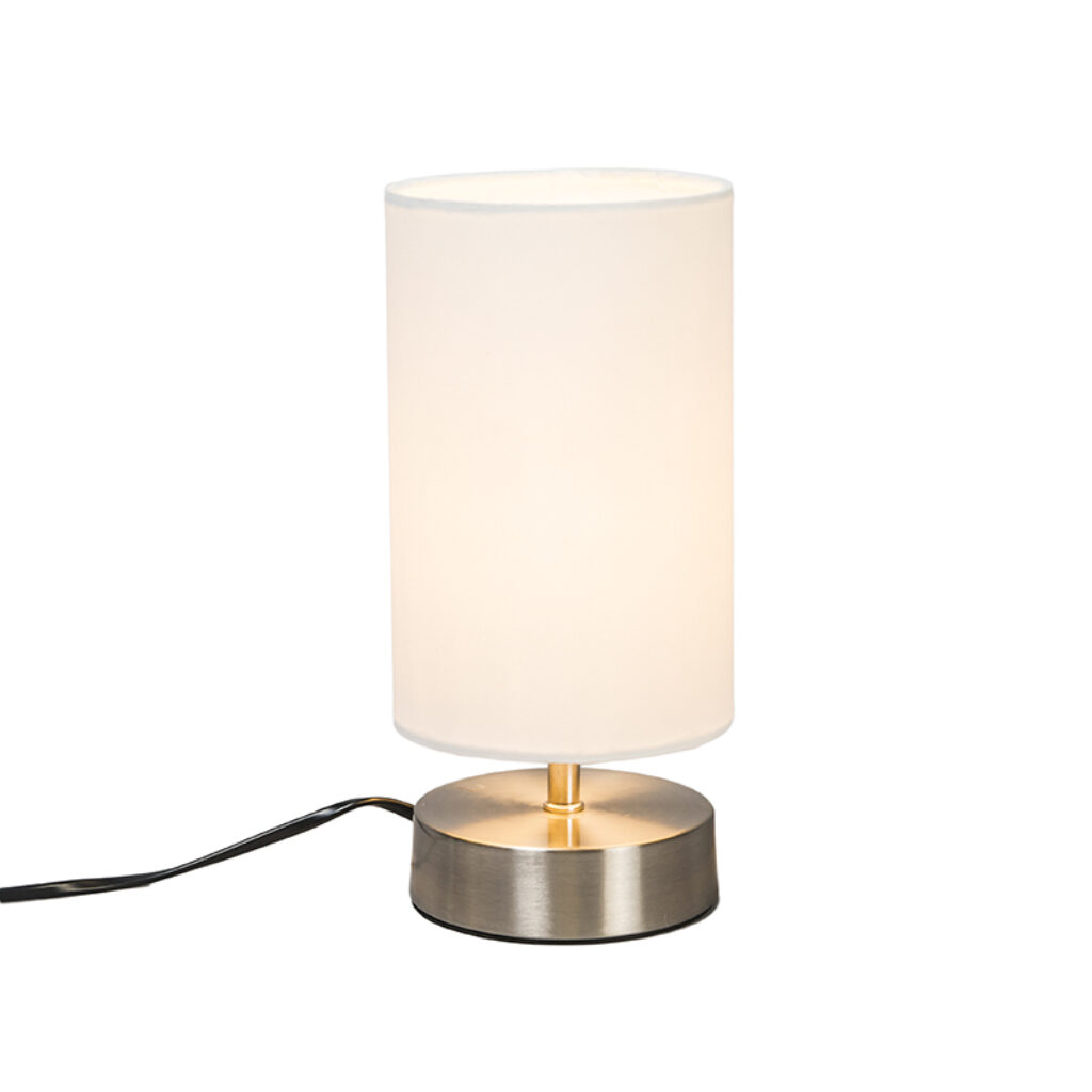 tafellampen Moderne tafellamp wit rond 12 cm dimbaar Milo 2 MetaalStof Wit Het zusje van de stijlvolle klassieker Milo. De heeft een slanke strakke ronde voet