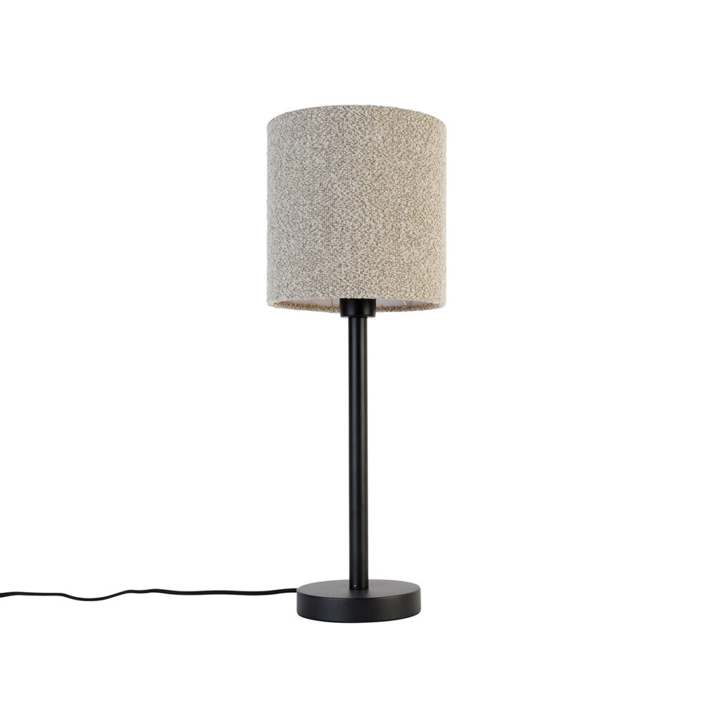 tafellampen Moderne tafellamp zwart met boucle kap taupe 20 cm Simplo StaalStof Zwart Tafellamp voelt zich helemaal thuis in een modern Zijn stoffen zorgt voor