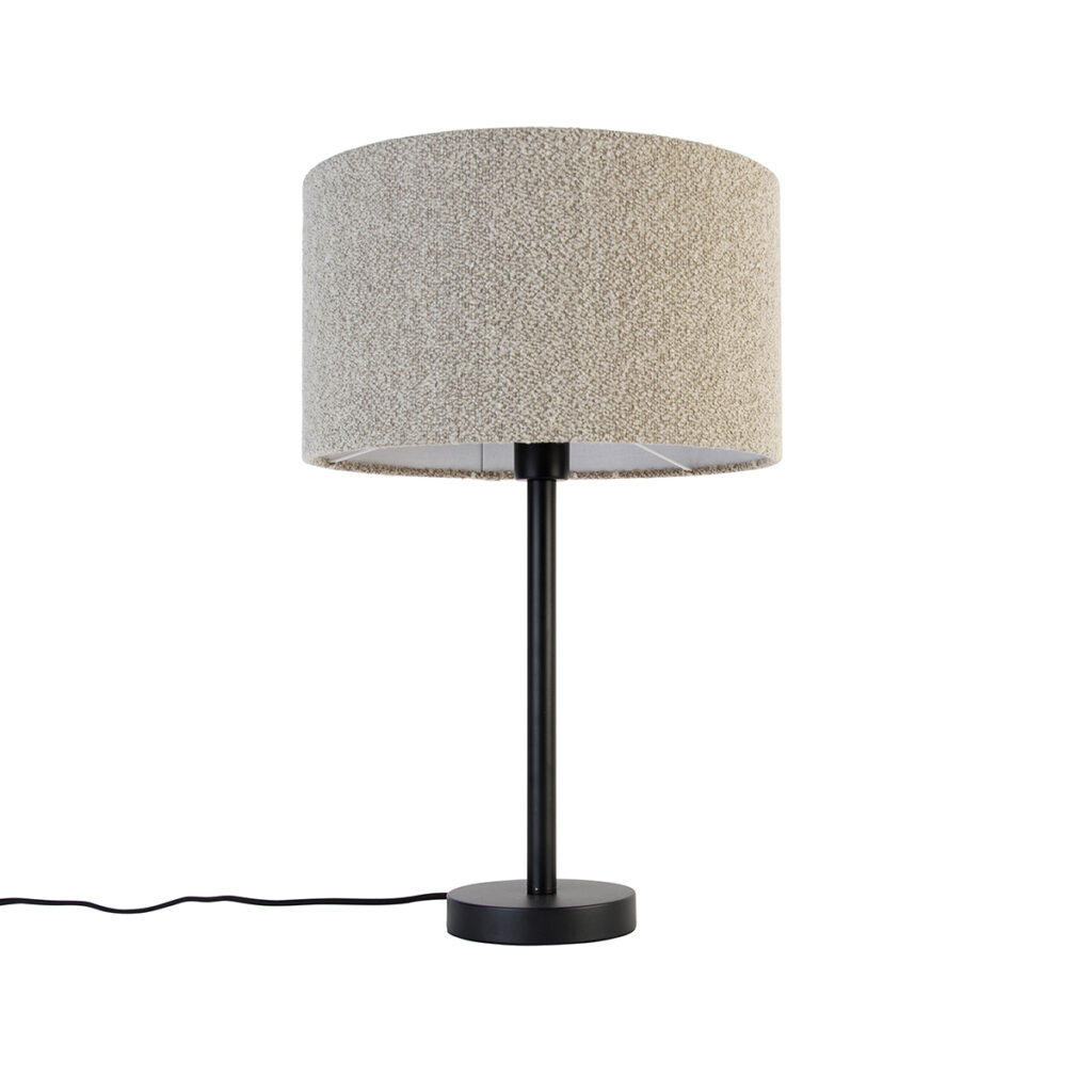 tafellampen Moderne tafellamp zwart met boucle kap taupe 35 cm Simplo StaalStof Zwart Tafellamp voelt zich helemaal thuis in een modern Zijn stoffen zorgt voor