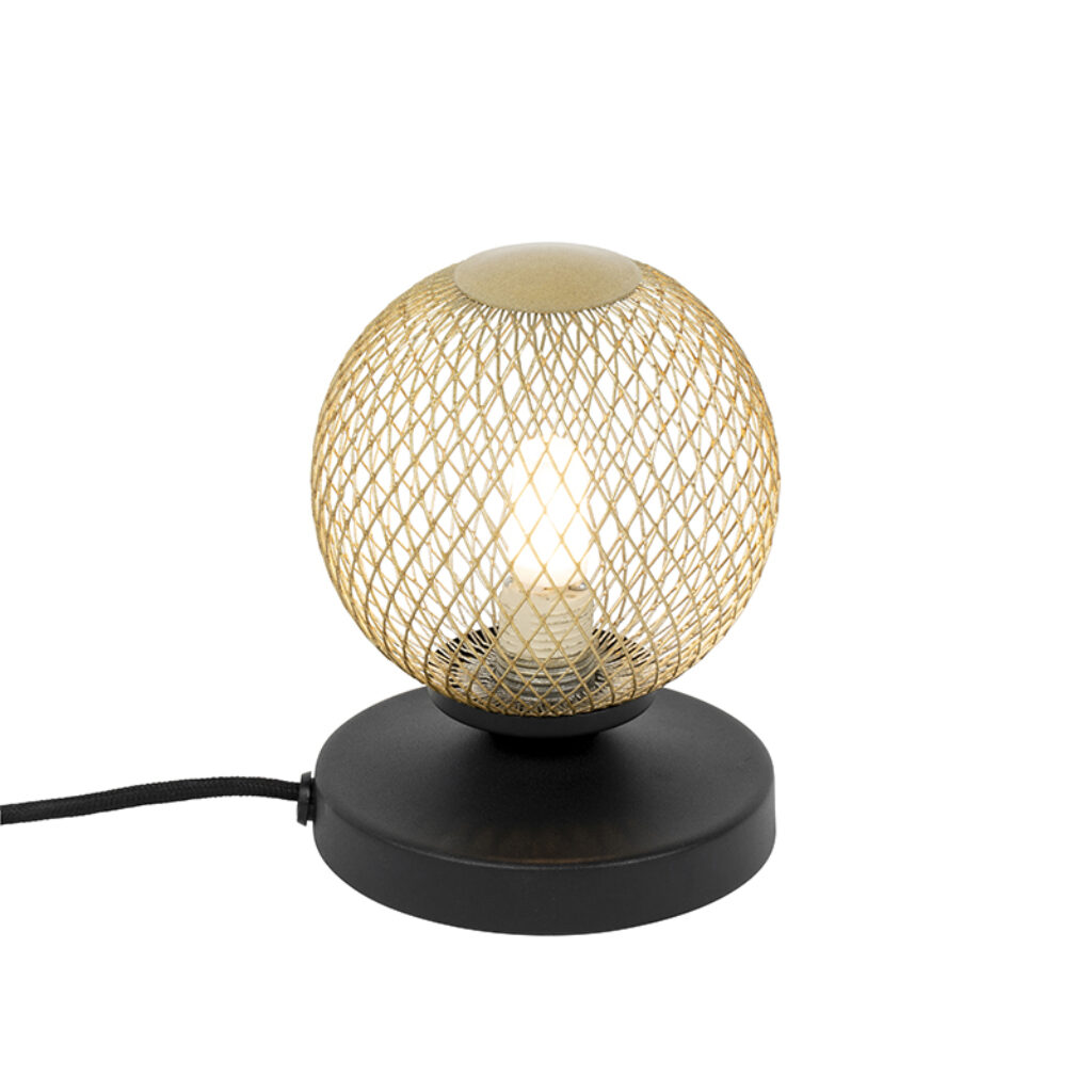 tafellampen Moderne tafellamp zwart met goud Athens Wire Staal Goud Less is more bewijst Deze heeft een eenvoudig design maar door zijn raster kap geeft hij