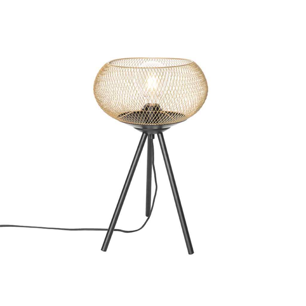 tafellampen Moderne tripod tafellamp zwart met goud Lucas Staal Zwart Tripod is een echte blikvanger voor in Door de kap open structuur krijg je prachtig