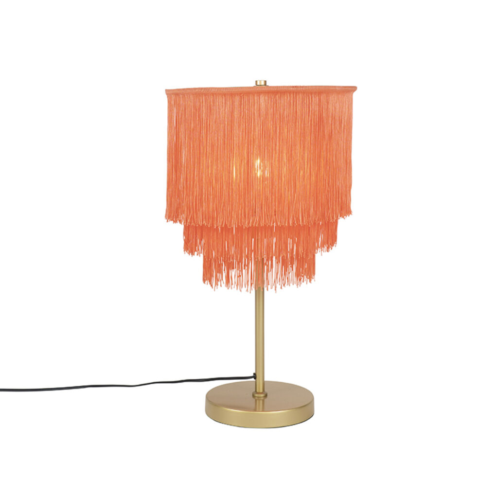 tafellampen Oosterse tafellamp goud roze kap met franjes Franxa StaalStof Roze Deze sfeervolle is afgewerkt een gouden voet en lichtroze lampenkap franjes. Een