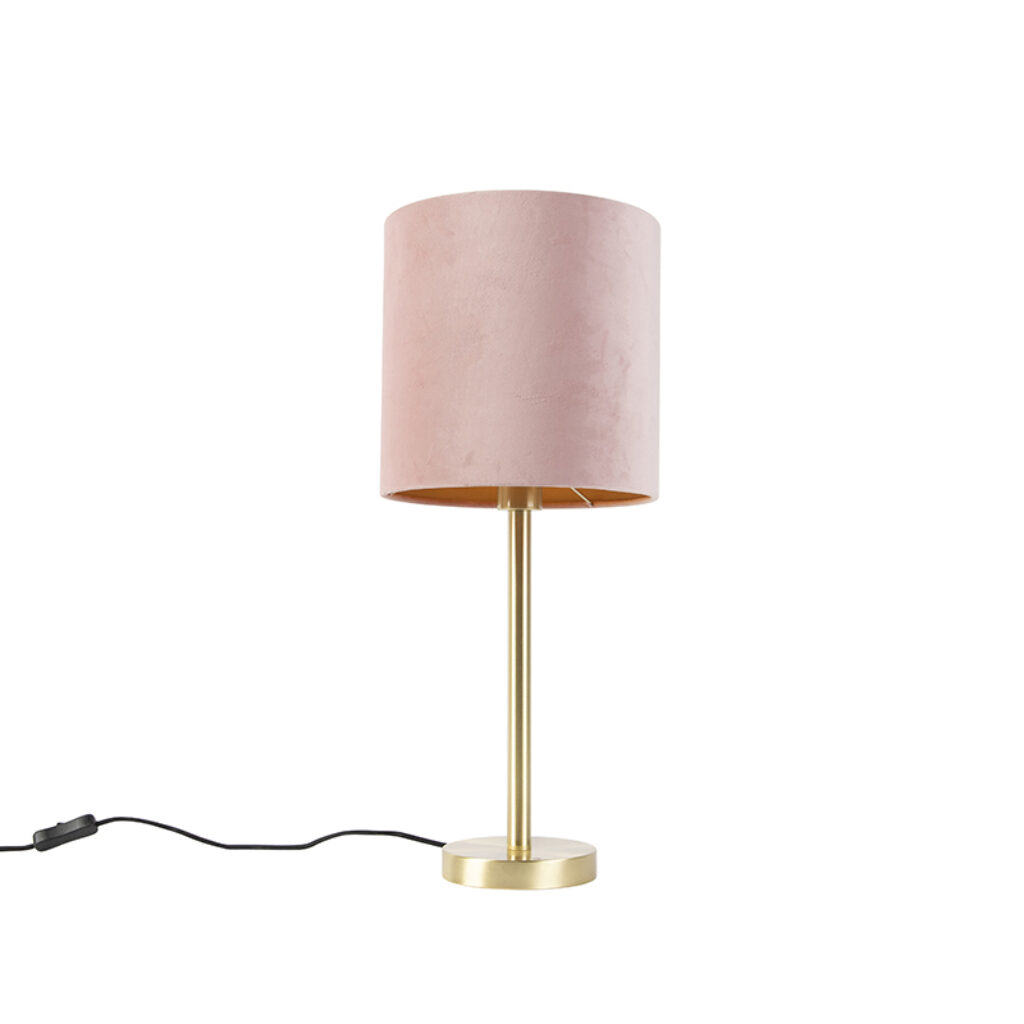 tafellampen Romantische tafellamp messing met roze kap 25 cm Simplo StaalStof Roze Dit is een echte eyecatcher in huis. Deze velours past perfect de romantische