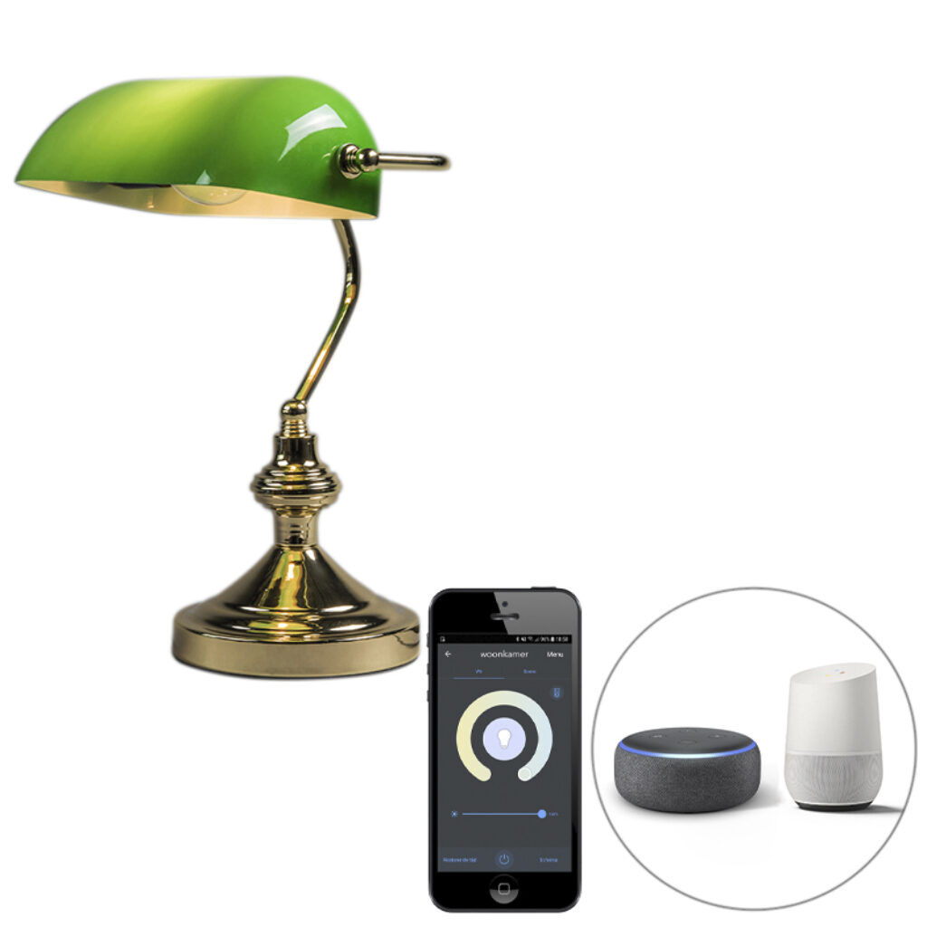 tafellampen Smart tafellamp messing met groen glas incl. Wifi P45 Banker StaalGlas Groen Een echte klassieker in een modern Deze klassieke beschikt over smart