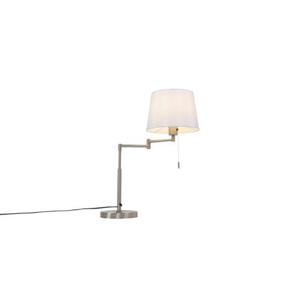 tafellampen Tafellamp staal met witte kap en verstelbare arm Ladas Deluxe StofStaal Wit is een moderne maar toch klassieke tafellamp voor in de woonkamer