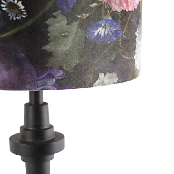 Tafellamp zwart velours kap bloem dessin 40 cm - Diverso - Afbeelding 2
