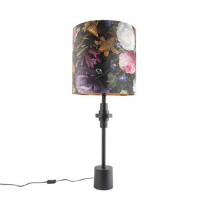 tafellampen Tafellamp zwart velours kap bloem dessin 40 cm Diverso AluminiumStof Multicolor Deze Art Deco tafellamp is een echte blikvanger in De zwarte