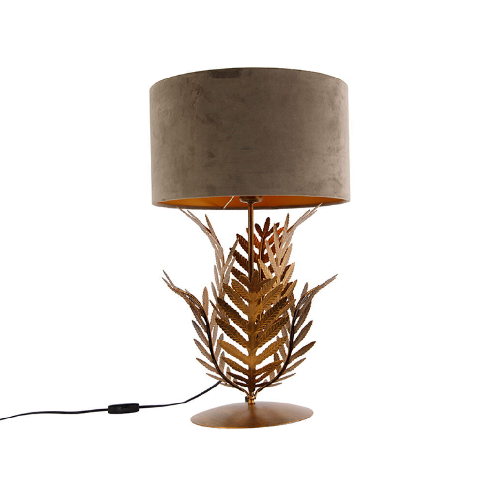 tafellampen Vintage tafellamp goud met velours kap taupe 35 cm Botanica StaalStof Taupe Een prachtige toevoeging in de woonkamer als blikvanger of sfeermaker