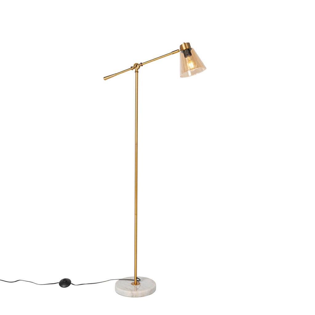vloerlampen Art deco vloerlamp brons met marmer en amber glas Nina StaalSteen BetonGlas Brons Vloerlamp Amber is een echte eyecatcher voor in Deco De lamp