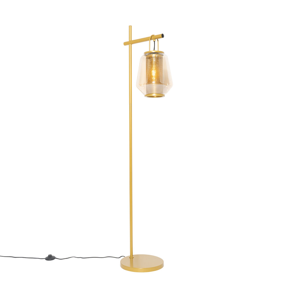 vloerlampen Art deco vloerlamp goud met amber glas Kevin GlasStaal Het is bijna kunst deze art vloerlamp. Prachtig voor elke ruimte waar je nog wel een