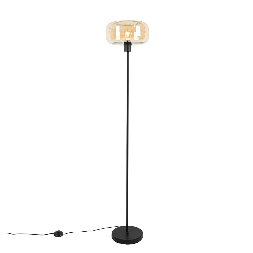 vloerlampen Art deco vloerlamp zwart met amber glas Bizle GlasStaal Beige