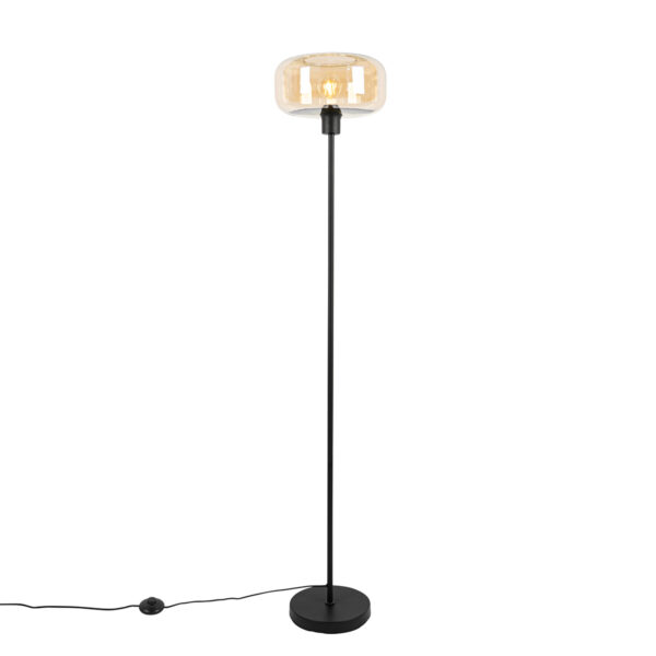 vloerlampen Art deco vloerlamp zwart met amber glas Bizle GlasStaal Beige