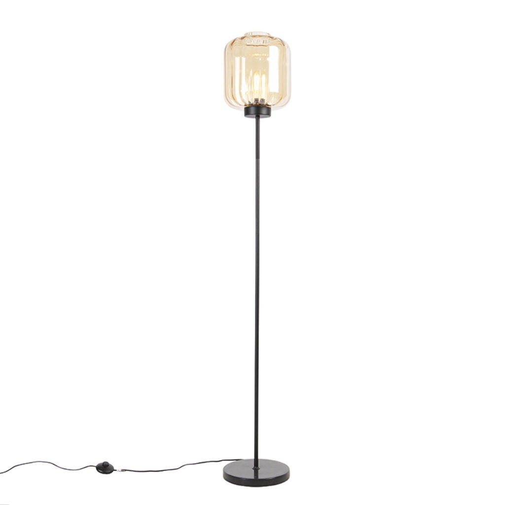 vloerlampen Design vloerlamp zwart met amber glas Qara GlasStaal Beige Een echte design eyecatcher deze vloerlamp. Mooi afgewerkt armatuur in tijdloos een
