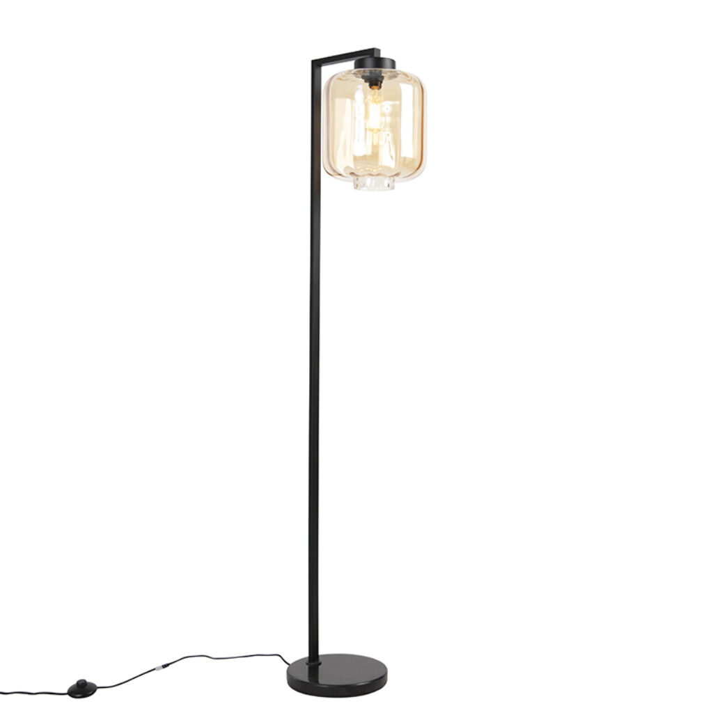 vloerlampen Design vloerlamp zwart met amber glas Qara Down GlasStaal Beige is een mooi stukje design in jouw huis. Deze gemaakt van staal en glas. Het