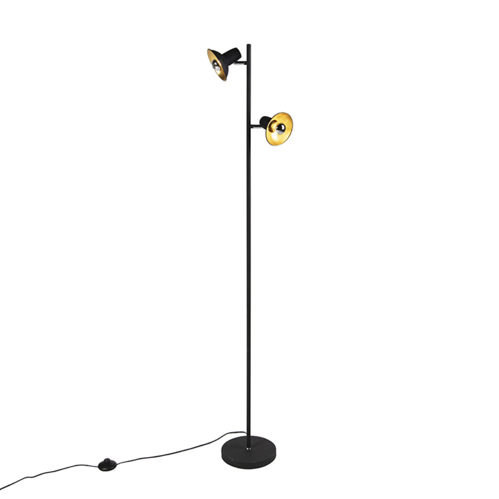 vloerlampen Design vloerlamp zwart met goud Avril Staal Zwart Deze is een echte design topper. De twee zwarte kappen van de hebben gouden binnenkant. Hierdoor