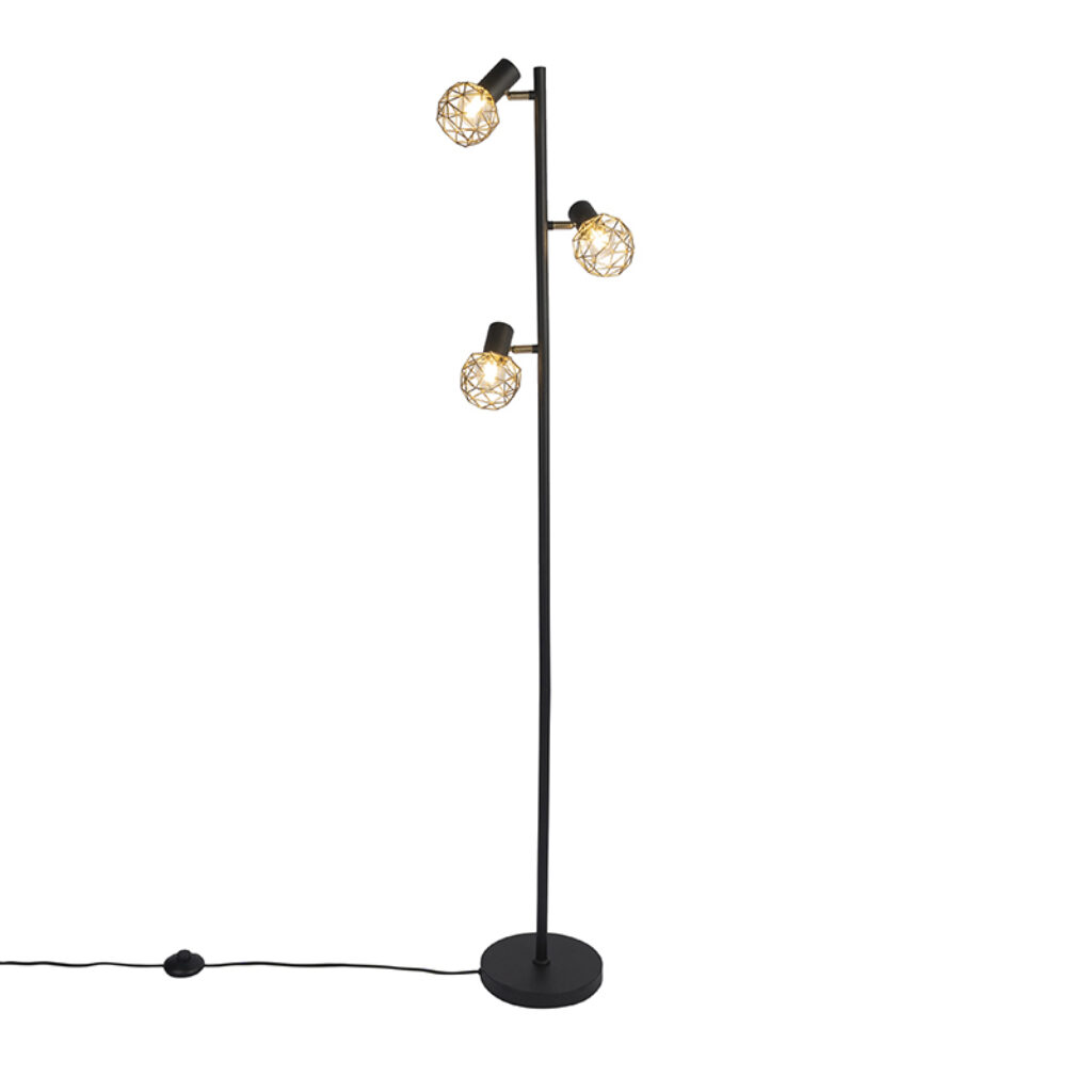 vloerlampen Design vloerlamp zwart met goud verstelbaar Mesh Staal Een opvallende in huis onze De combinatie van de gouden kleur spots en het zwarte armatuur