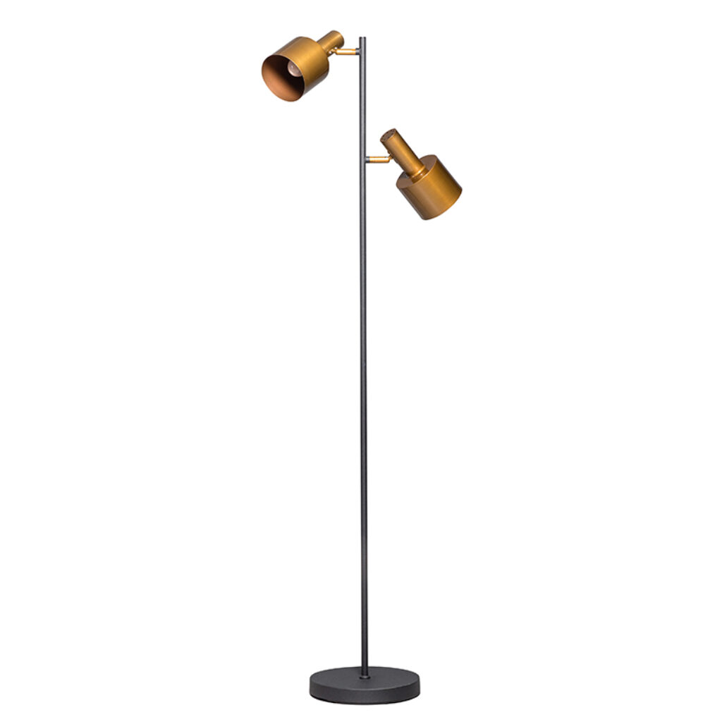 vloerlampen Design vloerlamp zwart met 2 gouden spots Conter Metaal Zwart Als je op zoek bent naar een mooi design stuk in huis dan is deze strakke tweekoppige