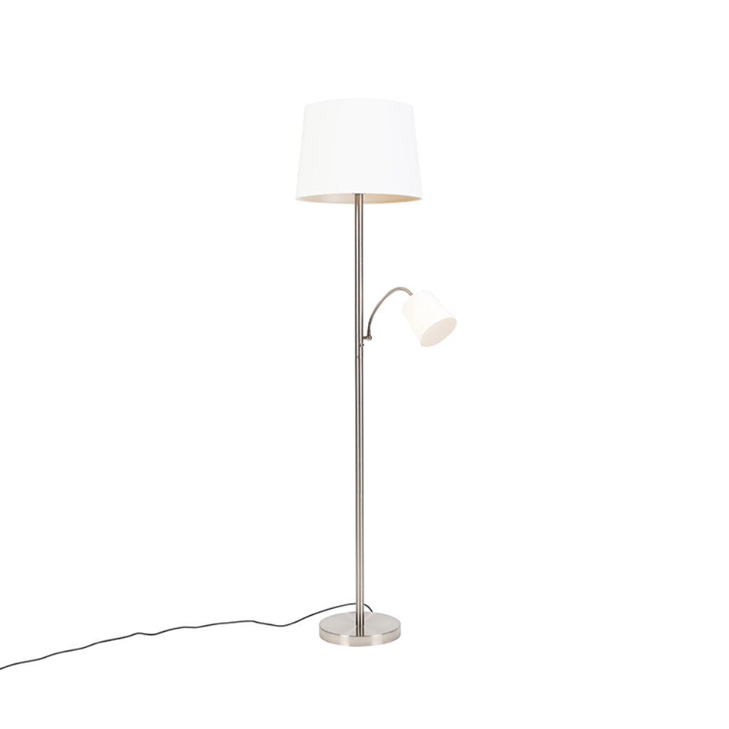 vloerlampen Klassieke vloerlamp staal met witte kap en leeslampje Retro StofStaal Staal De is een prachtige klassieke vloerlamp. Het tijdloze wordt afgemaakt