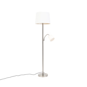 vloerlampen Klassieke vloerlamp staal met witte kap en leeslampje Retro StofStaal Staal De is een prachtige klassieke vloerlamp. Het tijdloze wordt afgemaakt