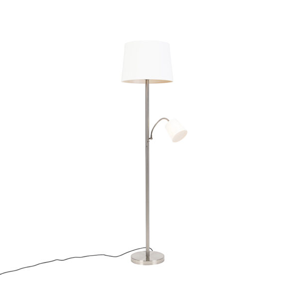 vloerlampen Klassieke vloerlamp staal met witte kap en leeslampje Retro StofStaal Staal De is een prachtige klassieke vloerlamp. Het tijdloze wordt afgemaakt