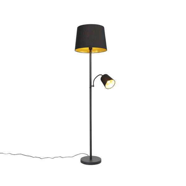 vloerlampen Klassieke vloerlamp zwart met goud en leeslampje Retro StaalStof Zwart Vloerlamp is een echte klassieker die in elk interieur goed tot zijn recht