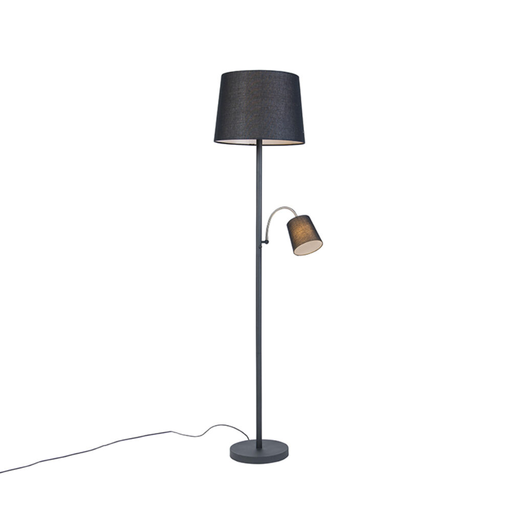 vloerlampen Klassieke vloerlamp zwart met zwarte kap en leeslampje Retro StofStaal Wit De is een prachtige klassieke vloerlamp. Het tijdloze staal wordt
