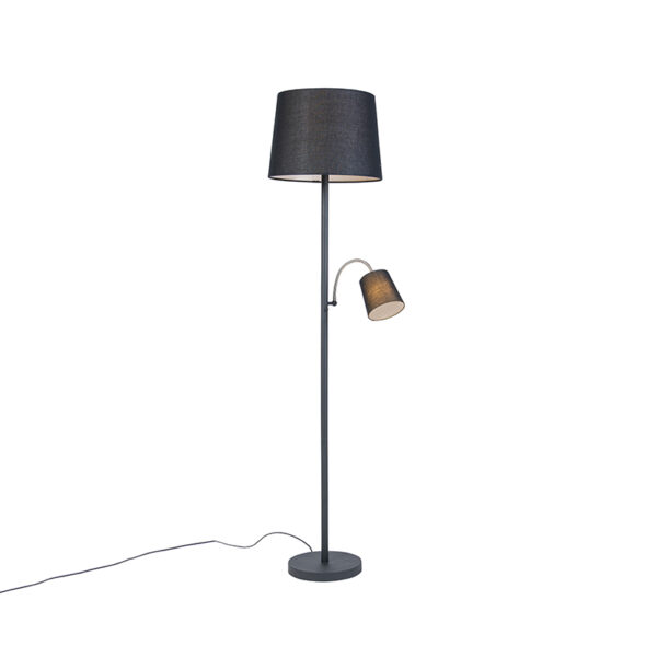 vloerlampen Klassieke vloerlamp zwart met zwarte kap en leeslampje Retro StofStaal Wit De is een prachtige klassieke vloerlamp. Het tijdloze staal wordt
