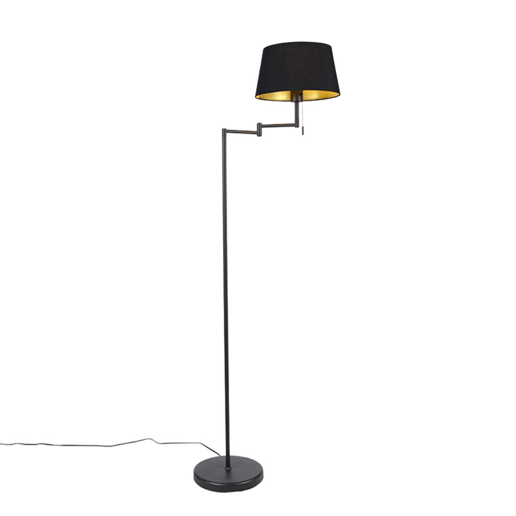 vloerlampen Klassieke vloerlamp zwart verstelbaar met gouden kap Ladas StaalStof Zwart Deze klassieke is van alle gemakken hij sfeervol in de richting waar jij