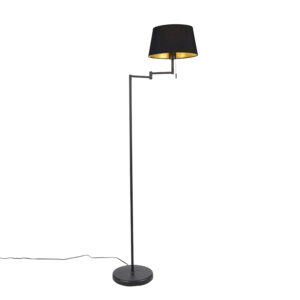 vloerlampen Klassieke vloerlamp zwart verstelbaar met gouden kap Ladas StaalStof Zwart Deze klassieke is van alle gemakken hij sfeervol in de richting waar jij