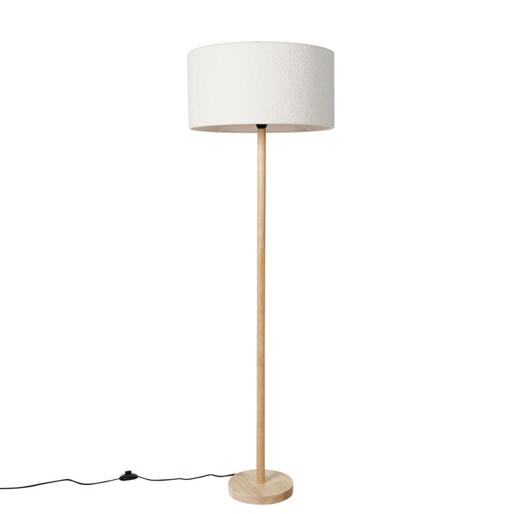 vloerlampen Landelijke vloerlamp hout met boucle kap wit Mels HoutStof Wit
