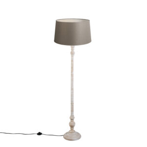 vloerlampen Landelijke vloerlamp taupe met linnen kap 45 cm Classico HoutStof Grijs Onze straalt echt klasse uit. De licht grijze poot heeft een klassiek tintje
