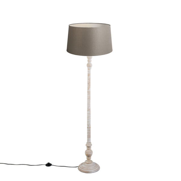 vloerlampen Landelijke vloerlamp taupe met linnen kap 45 cm Classico HoutStof Grijs Onze straalt echt klasse uit. De licht grijze poot heeft een klassiek tintje