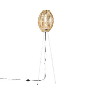 vloerlampen Landelijke vloerlamp tripod bamboe met wit Canna Capsule BamboeStaal Naturel Vloerlamp is haar witte poot en bamoe een echte landelijke Hij gemaakt