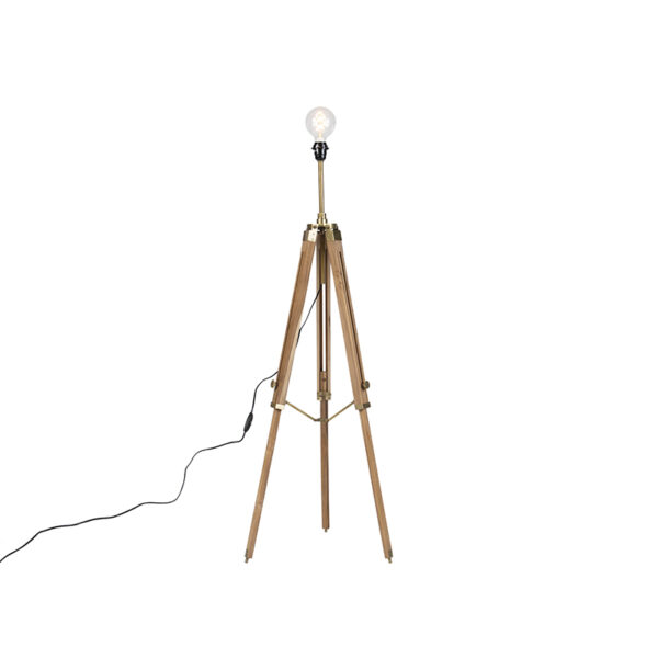 vloerlampen Landelijke vloerlamp tripod hout met antiek messing Cortin HoutMetaal Bruin Houdt jij van Dan is deze echt iets voor jou. De houten voet de heeft