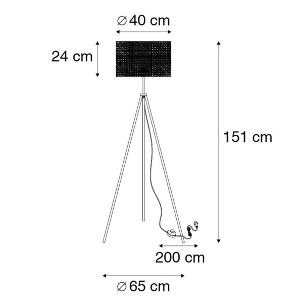 Landelijke vloerlamp tripod zwart met rotan kap - Kata - Afbeelding 3