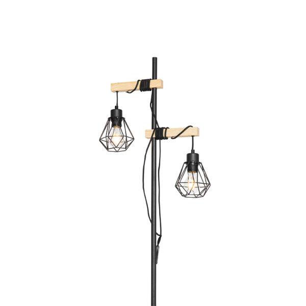Landelijke vloerlamp zwart met hout 2-lichts - Chon - Afbeelding 3