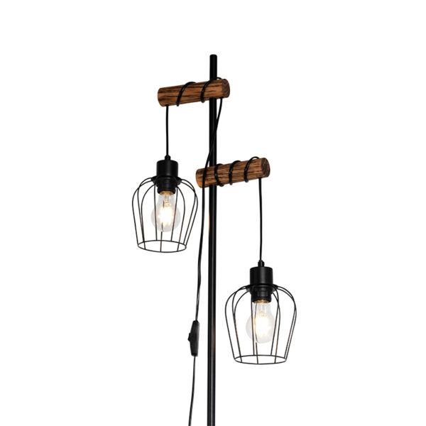 Landelijke vloerlamp zwart met hout 2-lichts - Stronk - Afbeelding 2