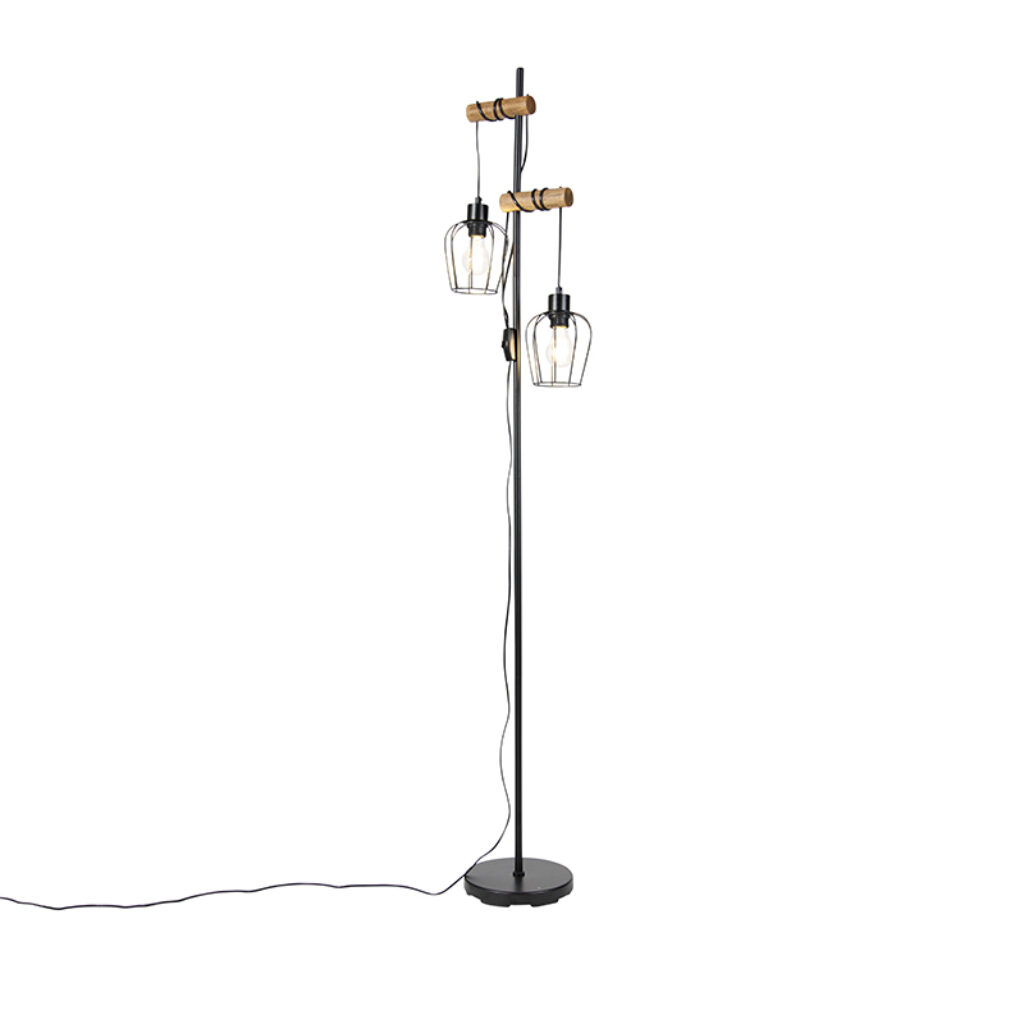 vloerlampen Landelijke vloerlamp zwart met hout Stronk StaalHout Zwart Geef jouw interieur een landelijke touch Stronk. Hij is gemaakt van staal het afgewerkt
