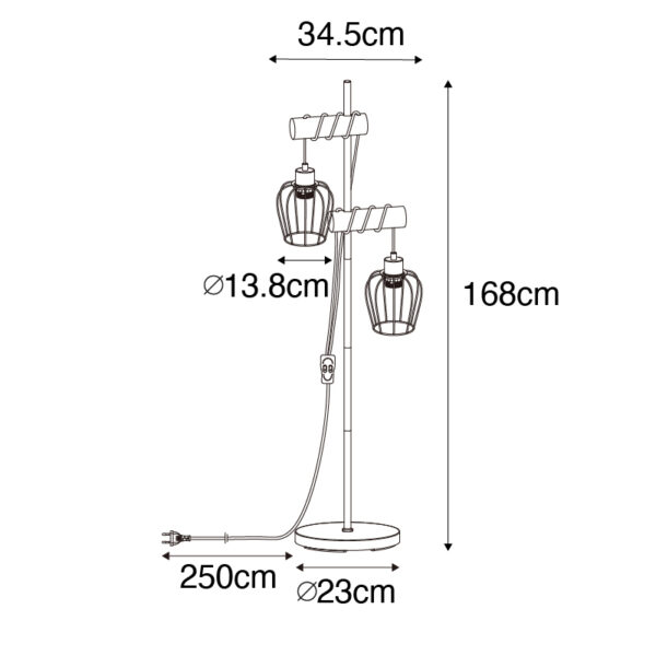 Landelijke vloerlamp zwart met hout 2-lichts - Stronk - Afbeelding 3