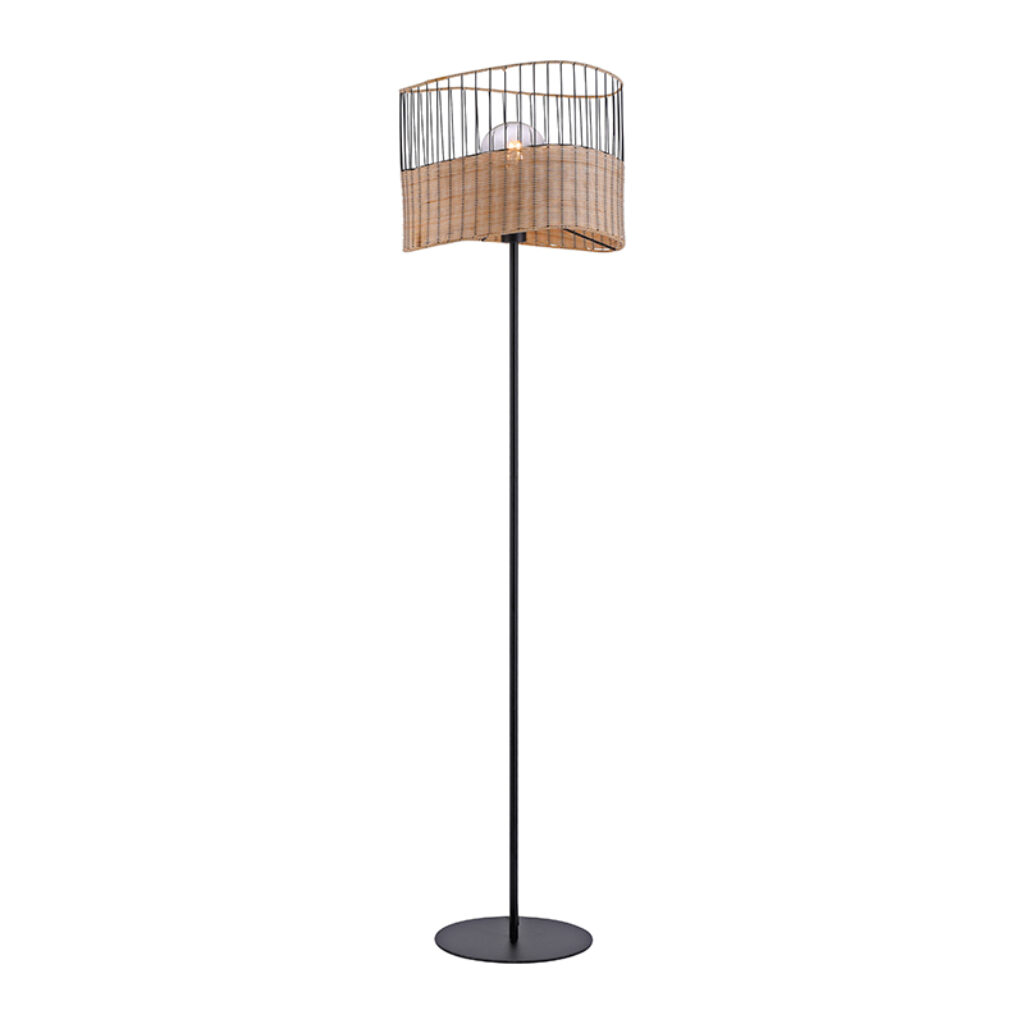 vloerlampen Landelijke vloerlamp zwart met riet Treccia RotanStaal Zwart Wauw wat een mooie lamp is Zijn landelijke uitstraling zorgt voor gezellige sfeer in