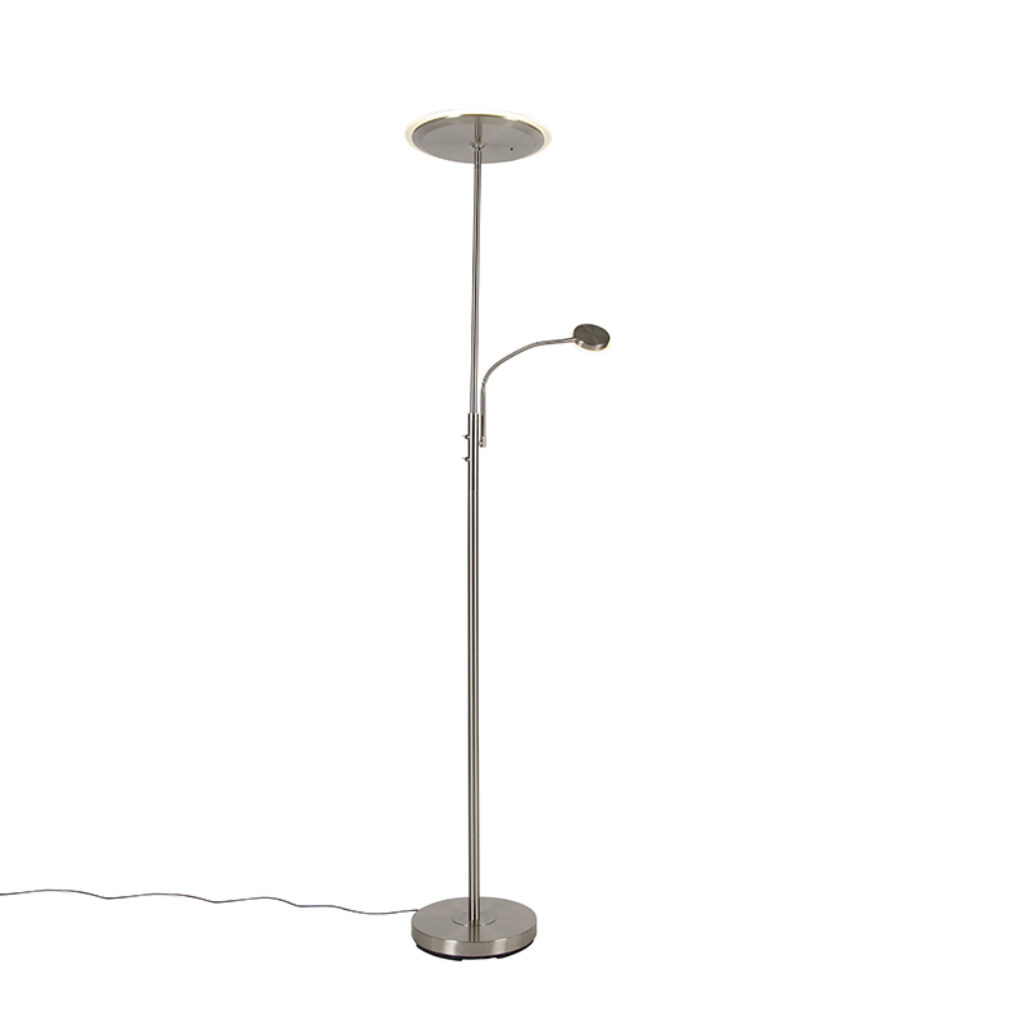 vloerlampen Moderne vloerlamp staal incl. LED dimbaar met leesarm Strela GlasStaal Staal Ga voor een tijdloze en strakke look deze multifunctionele lamp De
