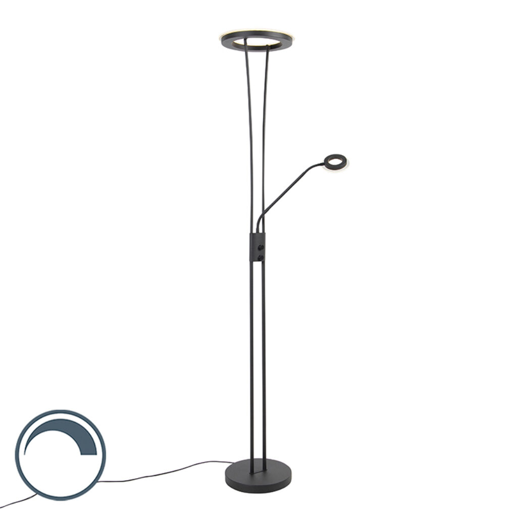 vloerlampen Moderne vloerlamp zwart incl. LED met leesarm Divine GlasStaal Zwart Deze is een tijdloze zwarte en kan perfect worden gebruikt als sfeermaker in