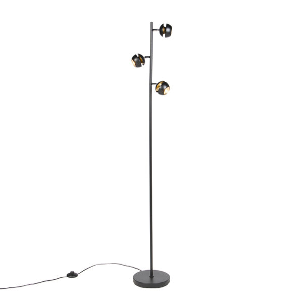 vloerlampen Moderne vloerlamp zwart met gouden binnenkant Buell Deluxe Staal Zwart Een moderne 3 lichtpunten. Ben jij hier naar op Dan past de perfect in jouw