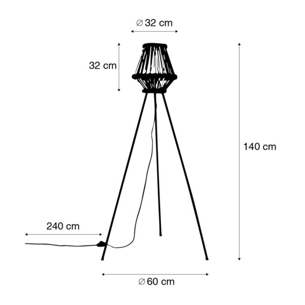 Oosterse tripod vloerlamp bamboe met zwart - Evalin - Afbeelding 3