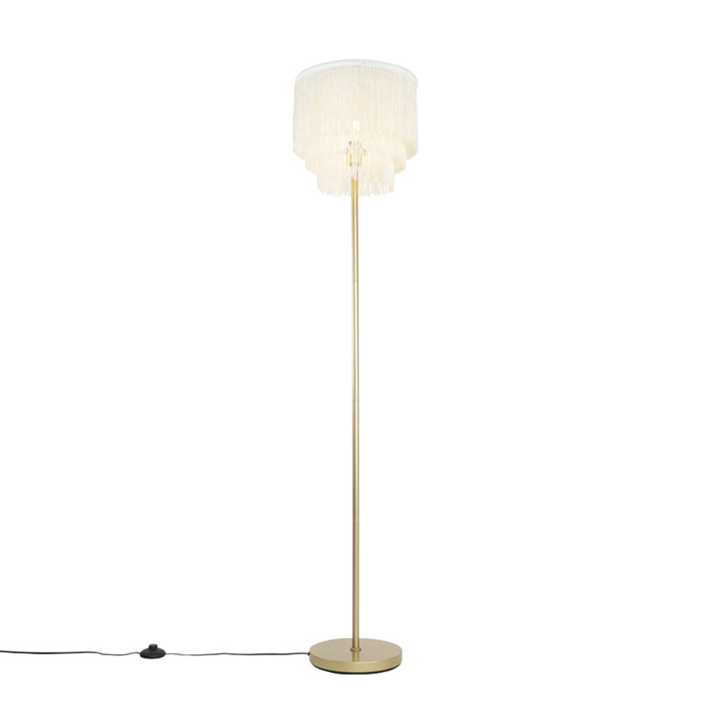 vloerlampen Oosterse vloerlamp goud kap met franjes Franxa StaalStof is een sfeervolle afgewerkt gouden voet en lampenkap franjes. De mooie zorgt ervoor dat het