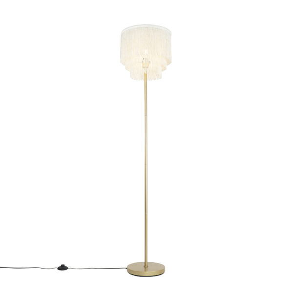vloerlampen Oosterse vloerlamp goud kap met franjes Franxa StaalStof is een sfeervolle afgewerkt gouden voet en lampenkap franjes. De mooie zorgt ervoor dat het